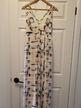 RW&CO. Cream Maxi Dress with Black and Teal Abstract Brushstrokes